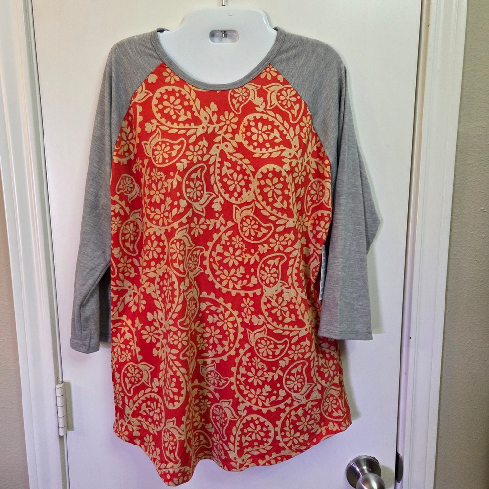 LuLaRoe Randy Baseball Tee Large Red Yellow Paisley Floral Heather Grey Raglan